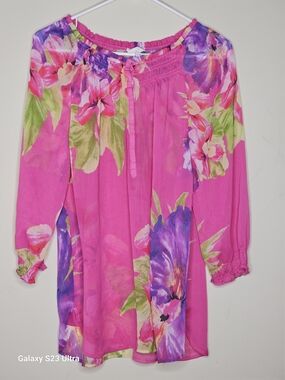 Chico's Pink Floral Sequin Sheer Peasant Blouse